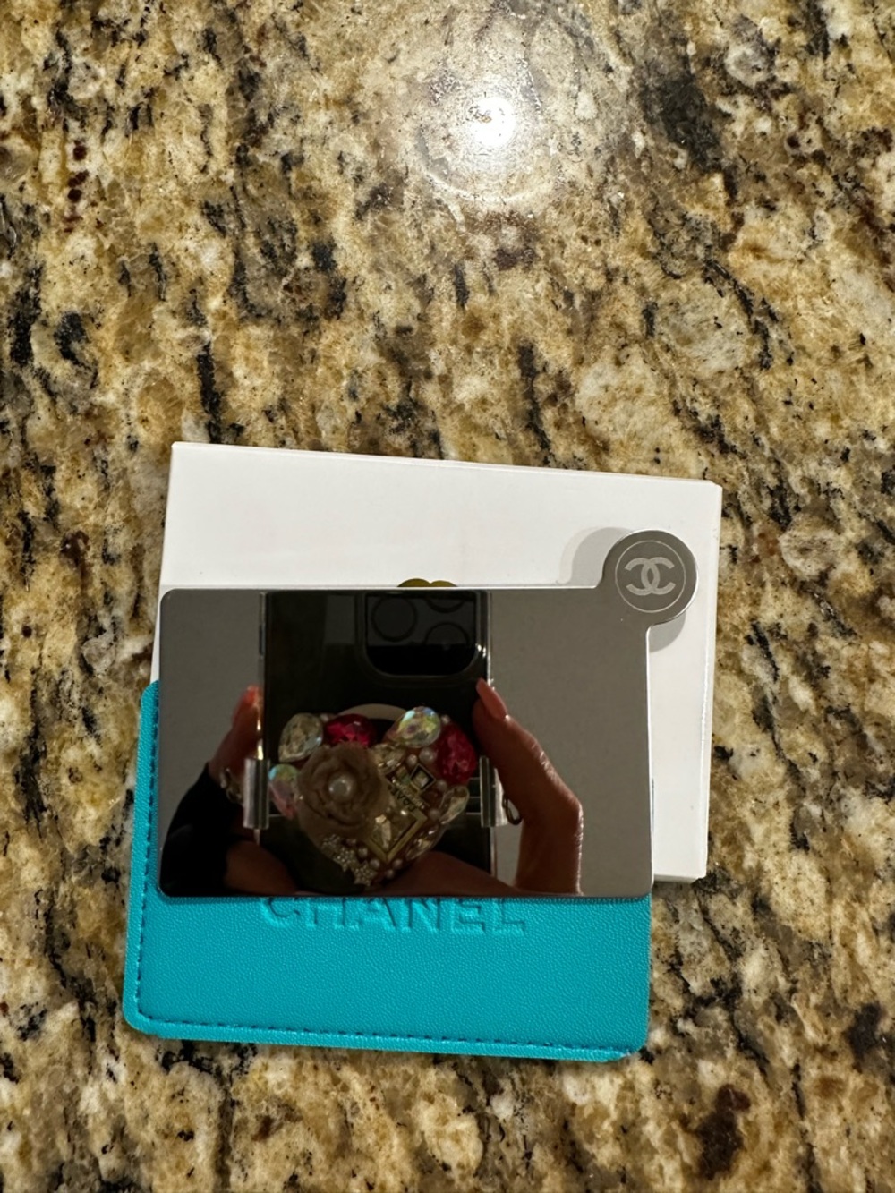 Mirror/ Card Holder with Turquoise case - Picture 2 of 4